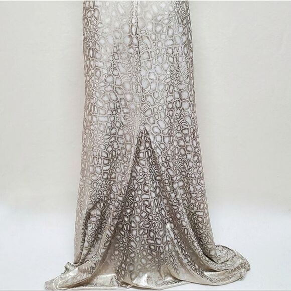 SATIN Snakeskin Silver Sequin Beaded Backless Side Slit Racerback Maxi Dress XS - Picture 16 of 16